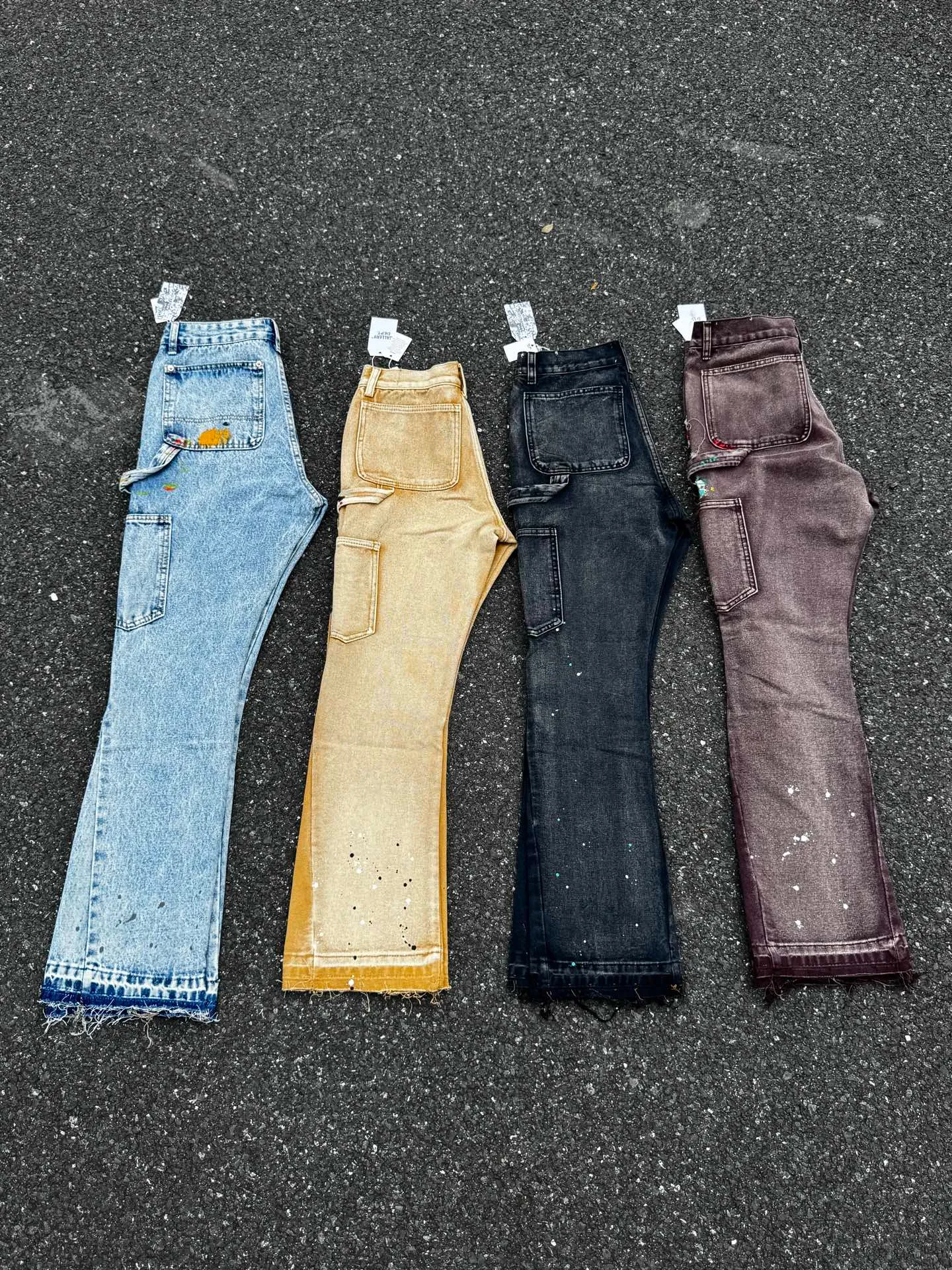 P250 (G95 black) (G90 burgundy) (G94 blue) (G91 khaki) GALLERY DEPT. Spliced ​​patchwork splash-ink denim flared pants washed and distressed spliced ​​jeans logging micro-flared jeans men and women same style Code number: 28 30 32 34 36